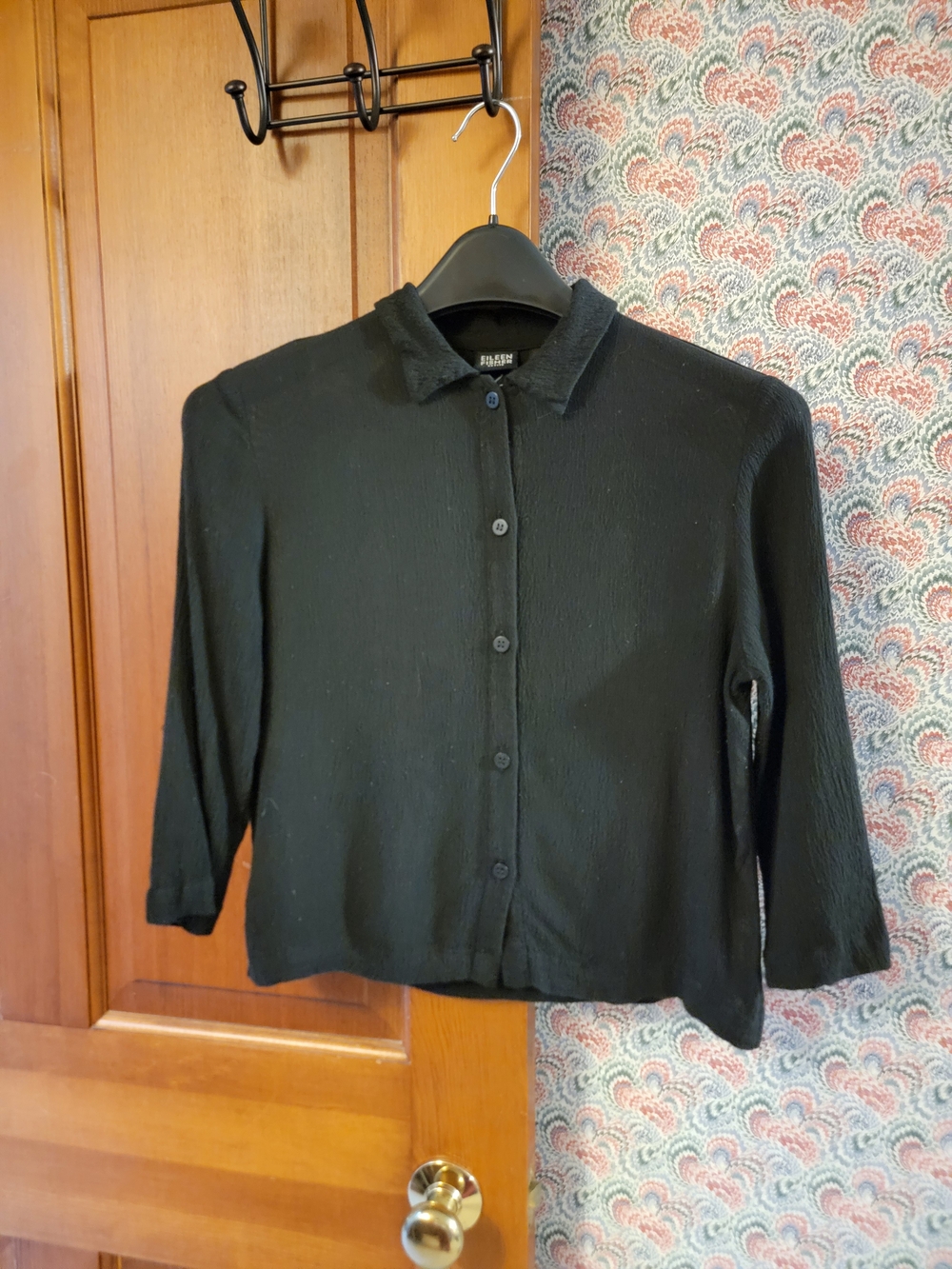 Vintage Eileen Fisher Black Rayon Button Down Blouse Petite Small Boxy Y2K
